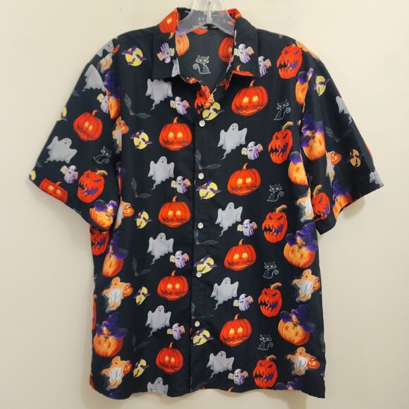 SSLR Halloween pumpkin graphic short sleeve button front shirt men's size medium - Picture 1 of 6